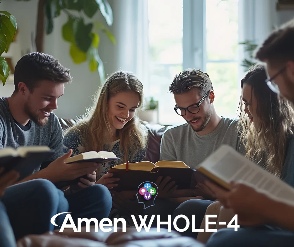 A small group of young adults reading the Bible together