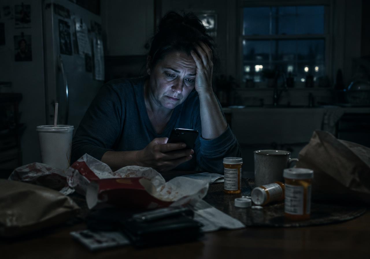 A person overwhelmed late at night, surrounded by fast food and medication