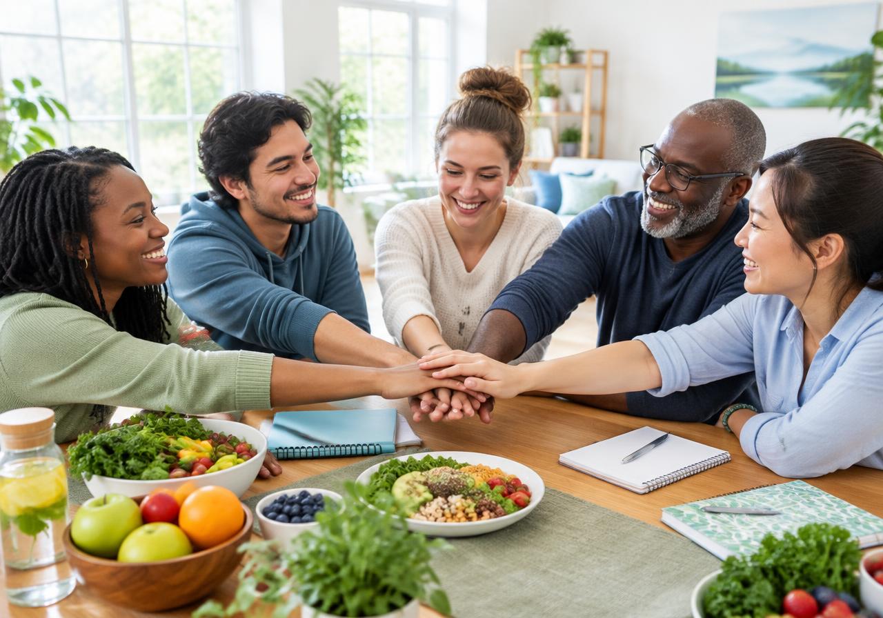 A diverse small group joining hands in encouragement around a table with healthy food